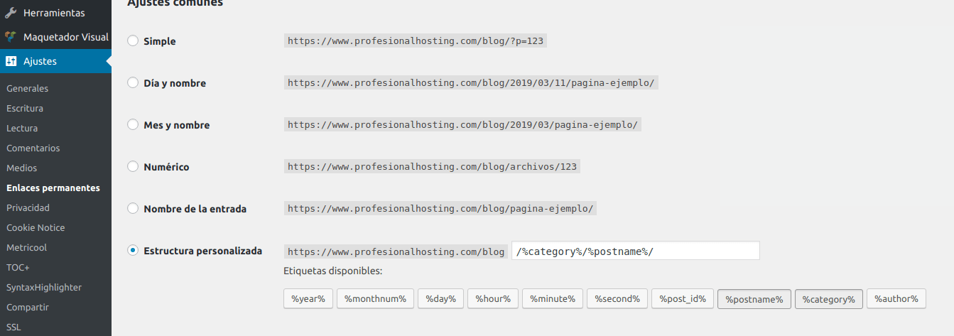 configurar enlaces permanentes en WordPress