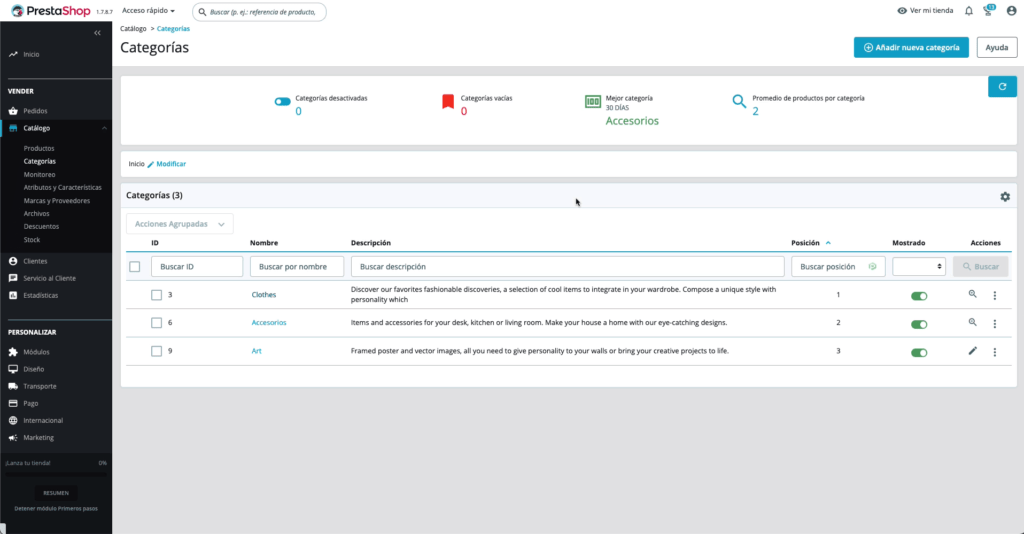 Vista de las categorías en el BackOffice de Prestashop.
