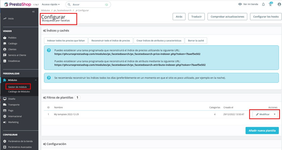 Configuración del módulo “Búsqueda por Facetas”.