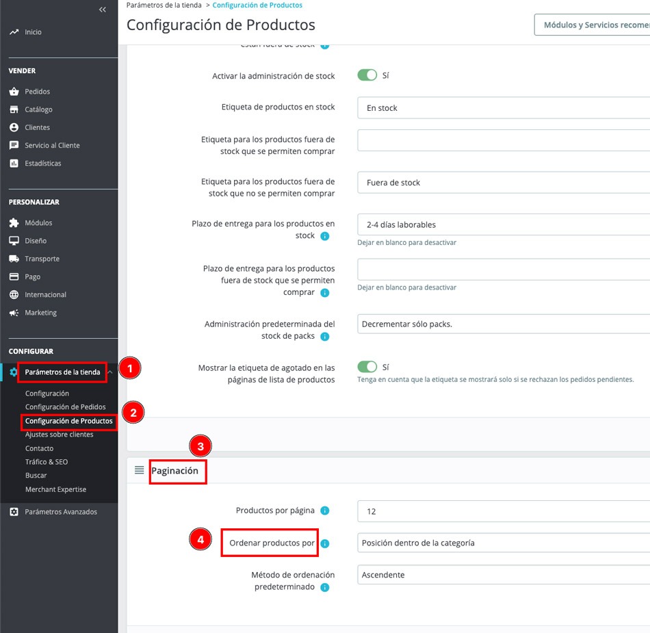 Configuración de paginación de productos.