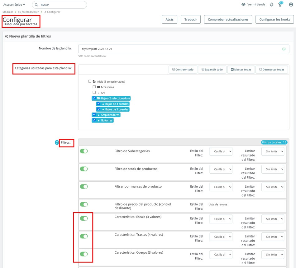 Configuración de la plantilla de búsqueda del módulo "Búsqueda por Facetas".