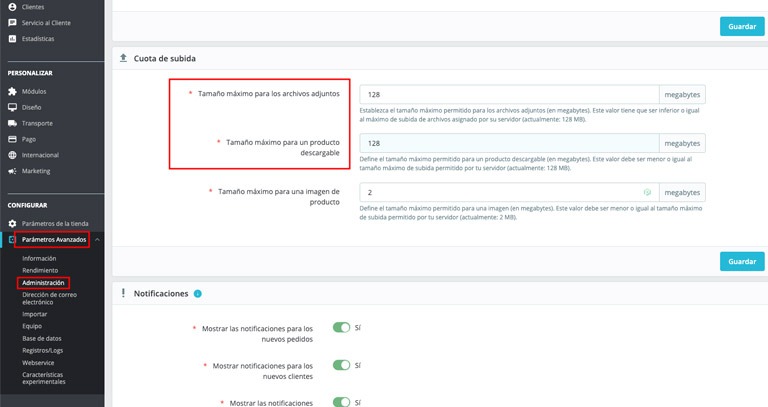 Configuración de cuota de subida para ficheros adjuntos y descargas