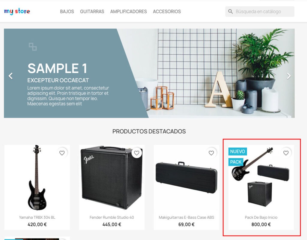 Visualización del pack en el bloque "Productos destacados" al pertenecer a la categoría "Inicio", con las etiquetas "nuevo" y "pack"