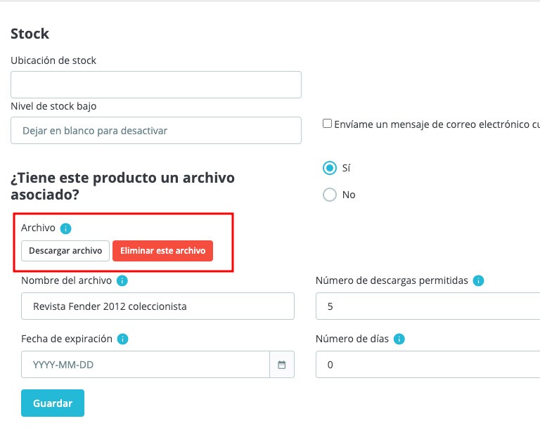 Confirmación de subida correcta de archivo asociado al producto virtual